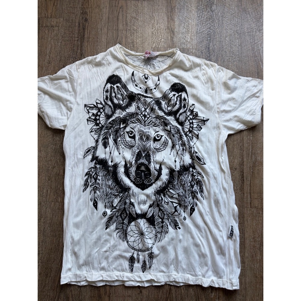 Sure Mens Graphic Tee‎ Medium Cream White Wolf Dreamcatcher Boho Cotton T-Shirt